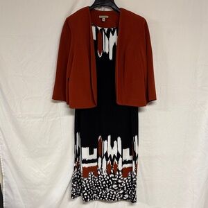 Rust Jacket and Black Patterned Dress Set